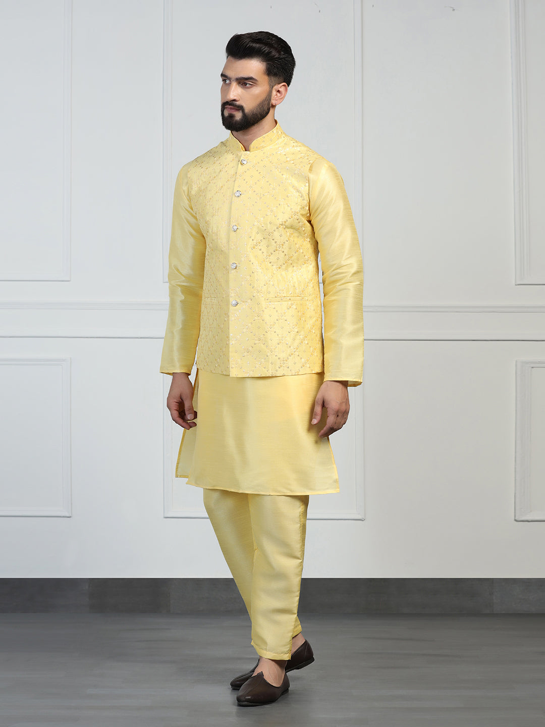 Men Yellow Embroidered Jacket With Kurta Pyjama