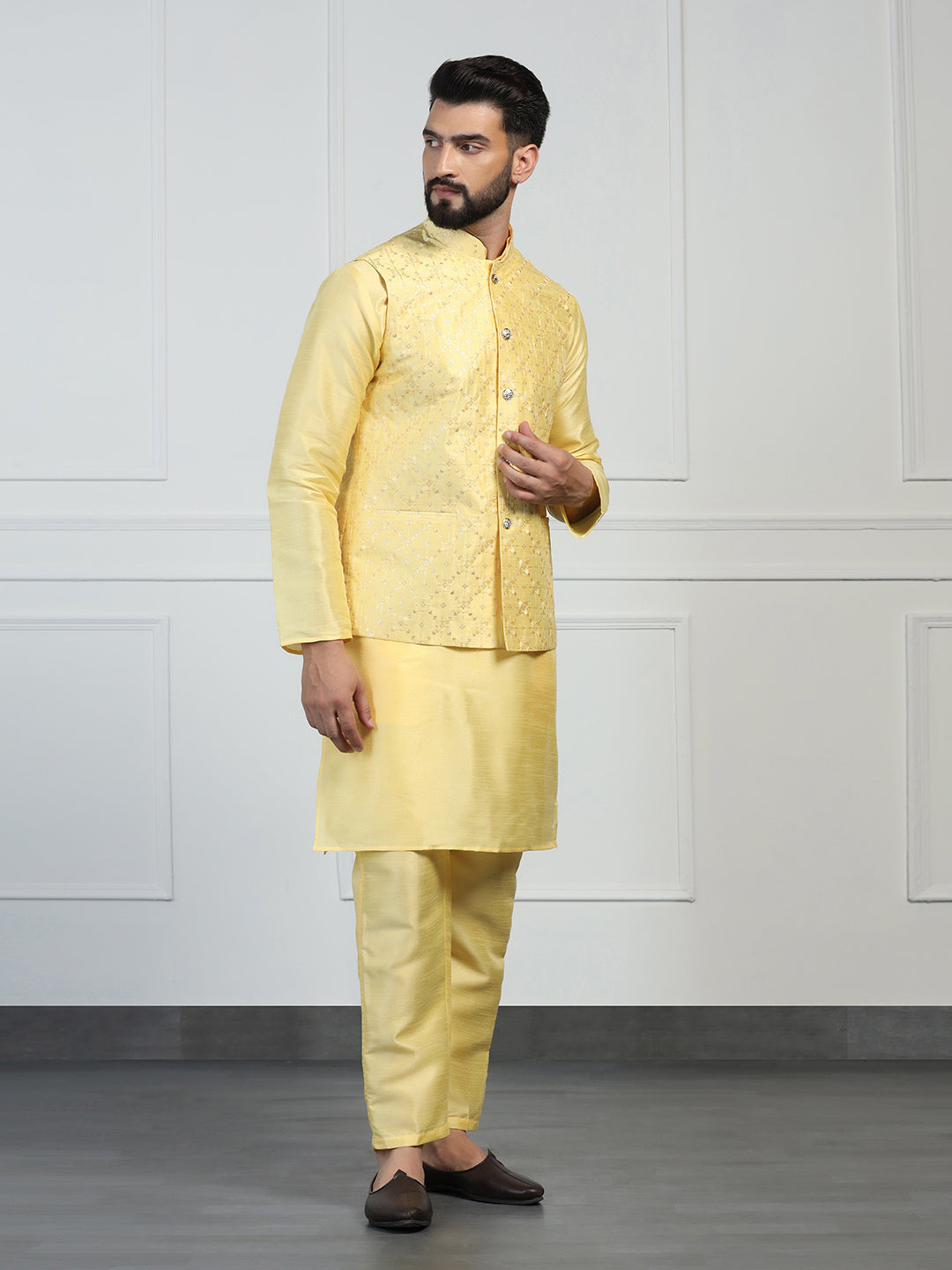 Men Yellow Embroidered Jacket With Kurta Pyjama