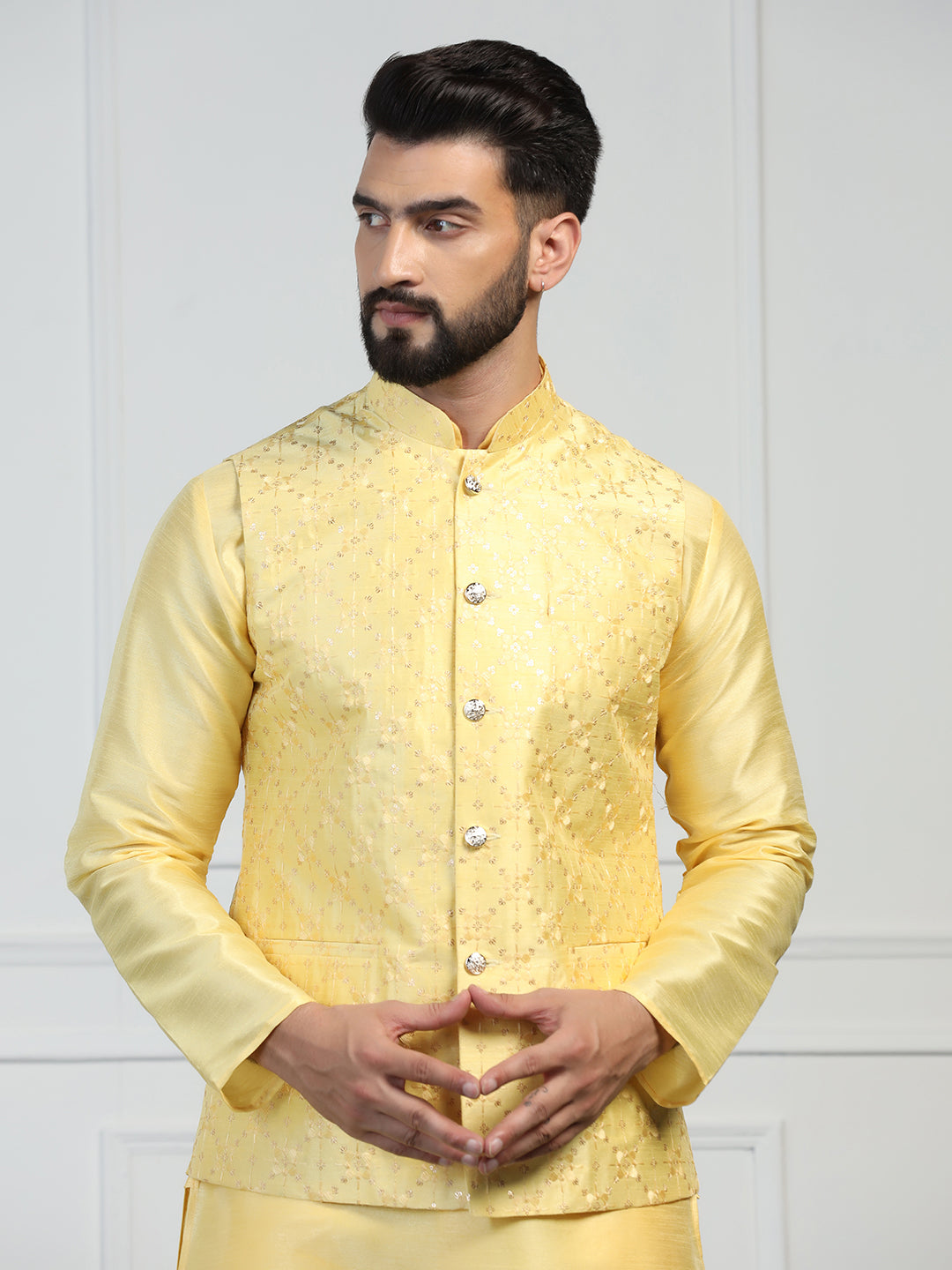 Men Yellow Embroidered Jacket With Kurta Pyjama