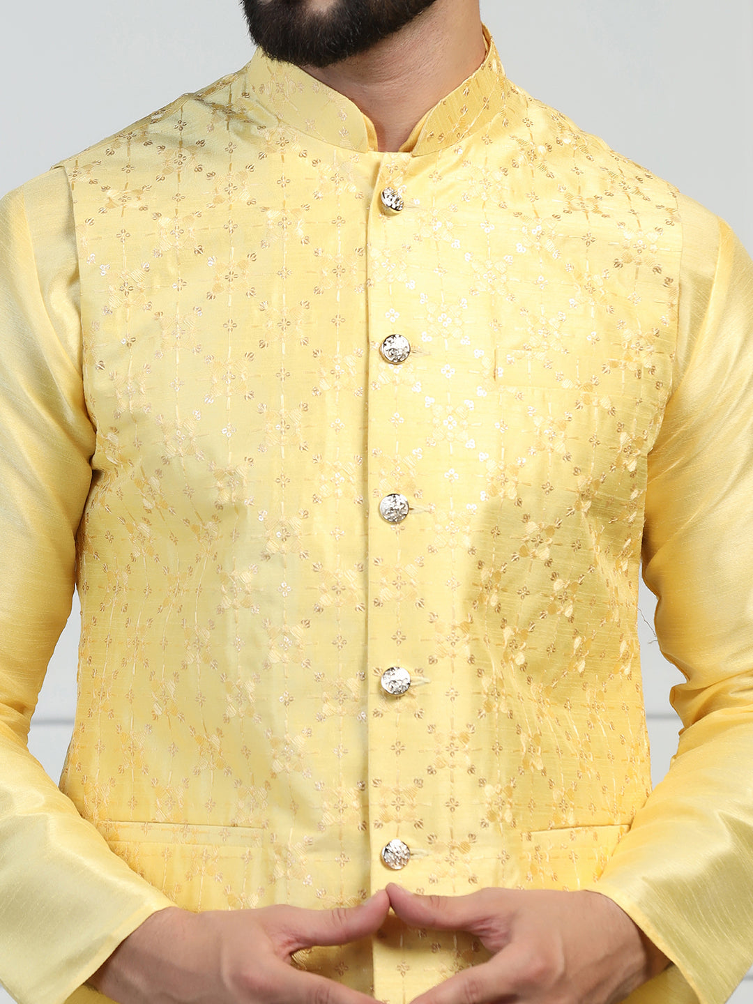 Men Yellow Embroidered Jacket With Kurta Pyjama