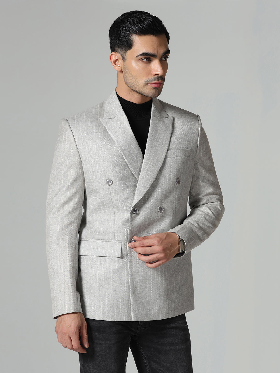 Men Grey Stripes Blazer