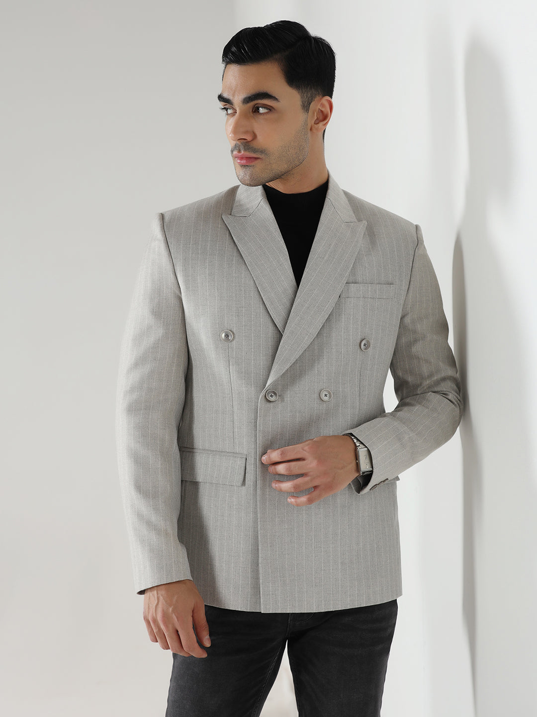 Men Grey Stripes Blazer