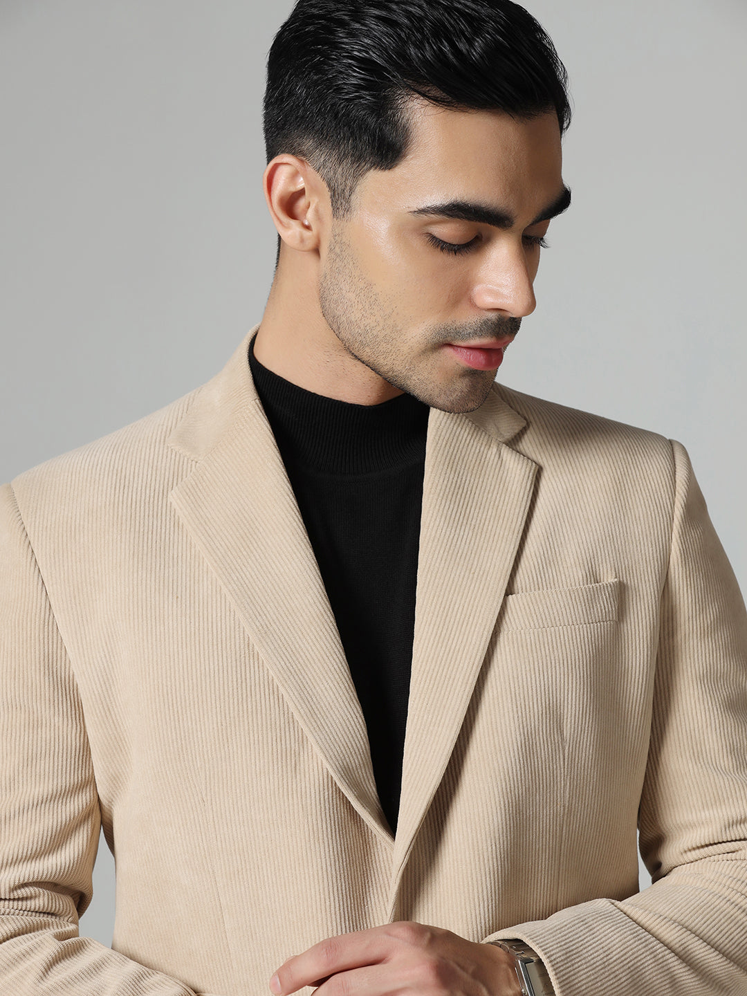 Men Beige Notched Lapel Corduroy  Blazer