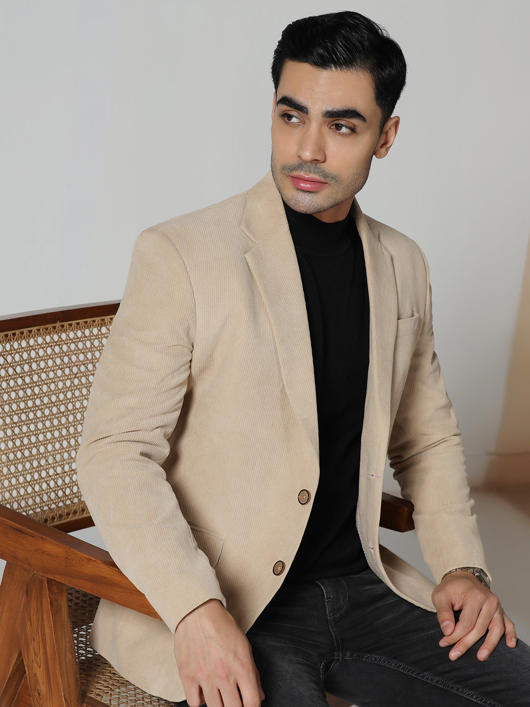 Men Beige Notched Lapel Corduroy  Blazer