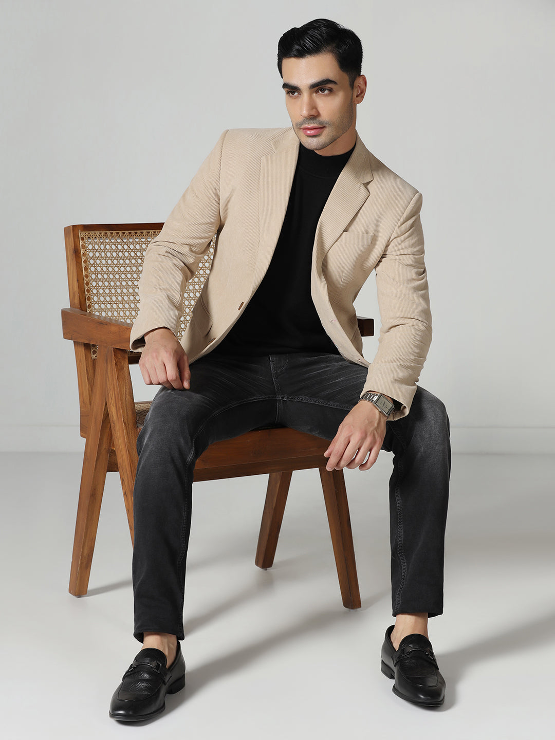 Men Beige Notched Lapel Corduroy  Blazer