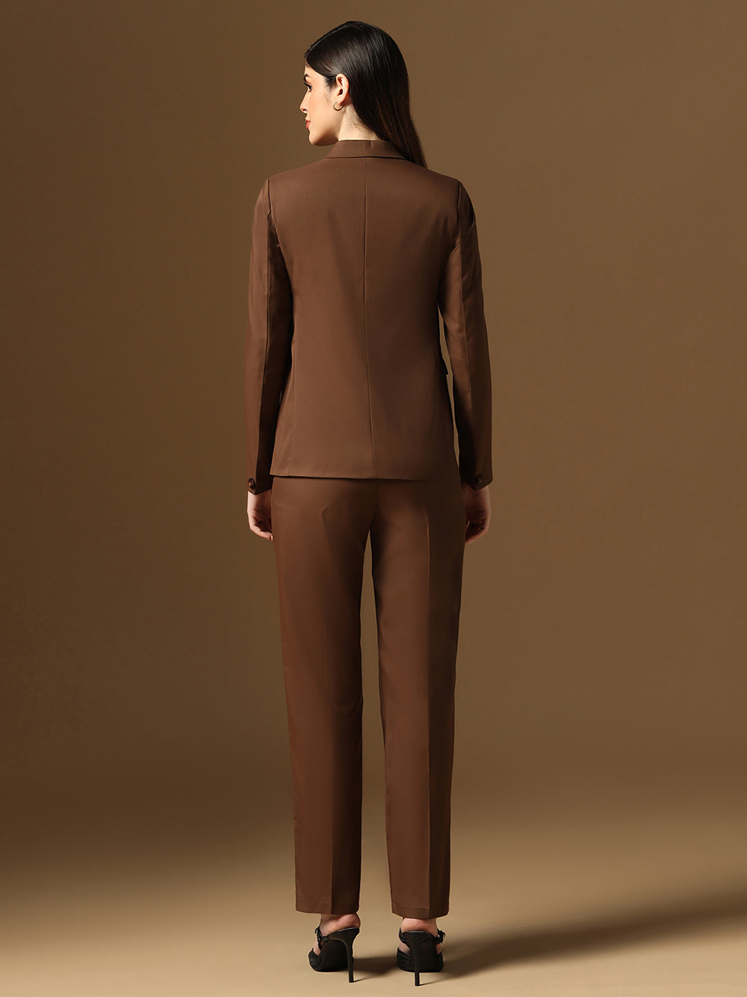 Women Brown Blazer And Trousers Suit Set