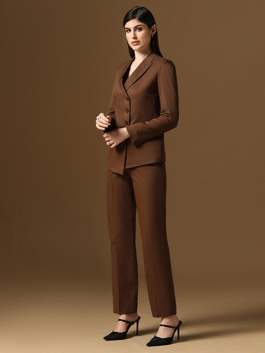 Women Brown Blazer And Trousers Suit Set