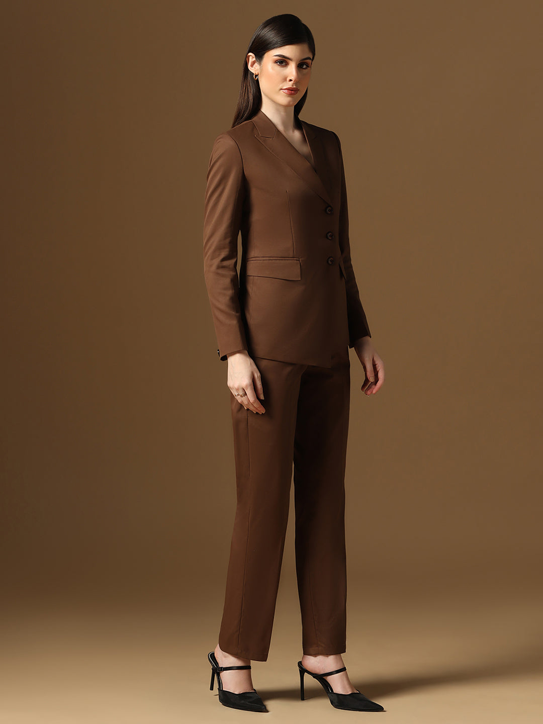 Women Brown Blazer And Trousers Suit Set