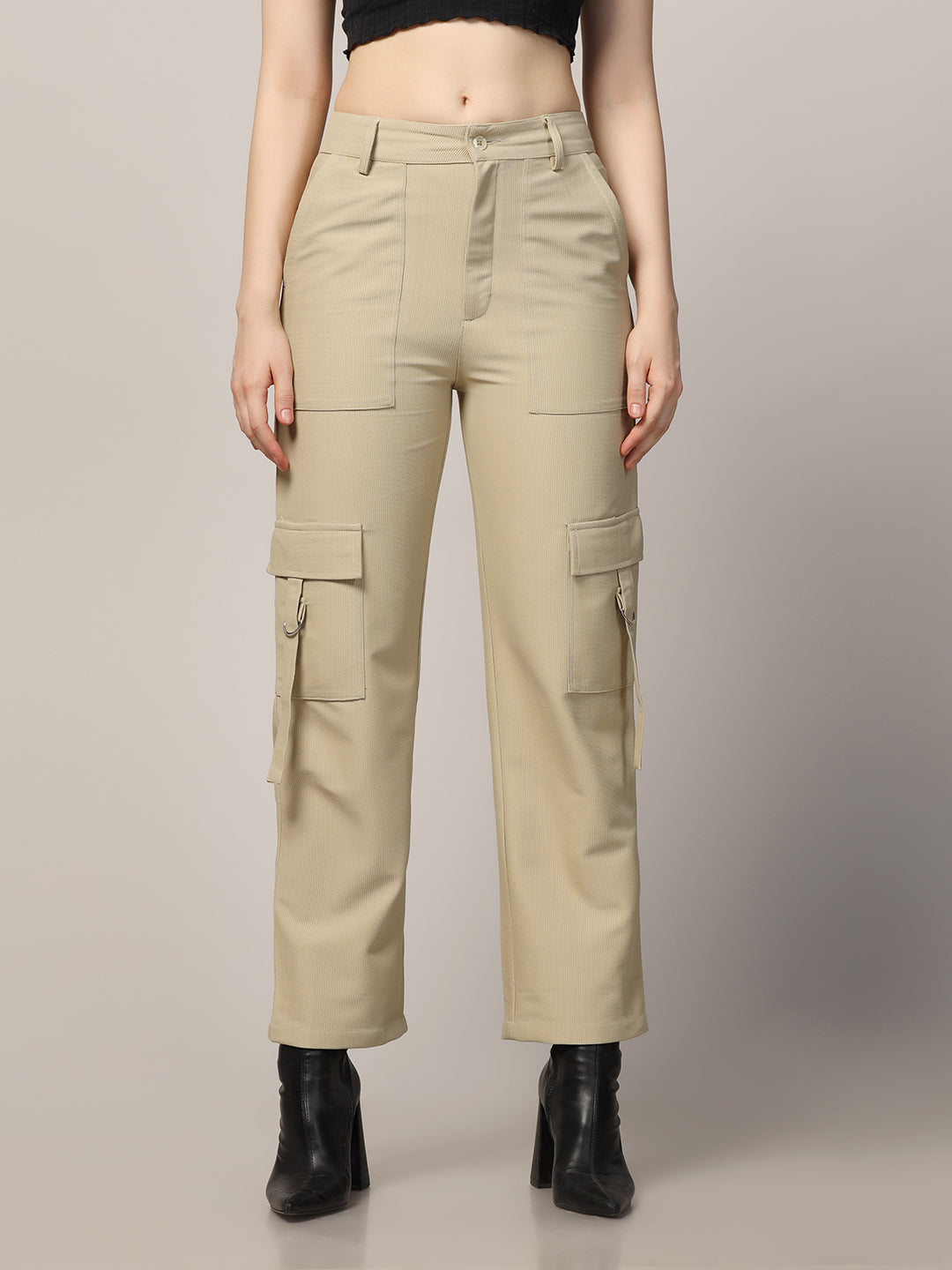 Women beige cuodroy cargo pants - Tahvo India