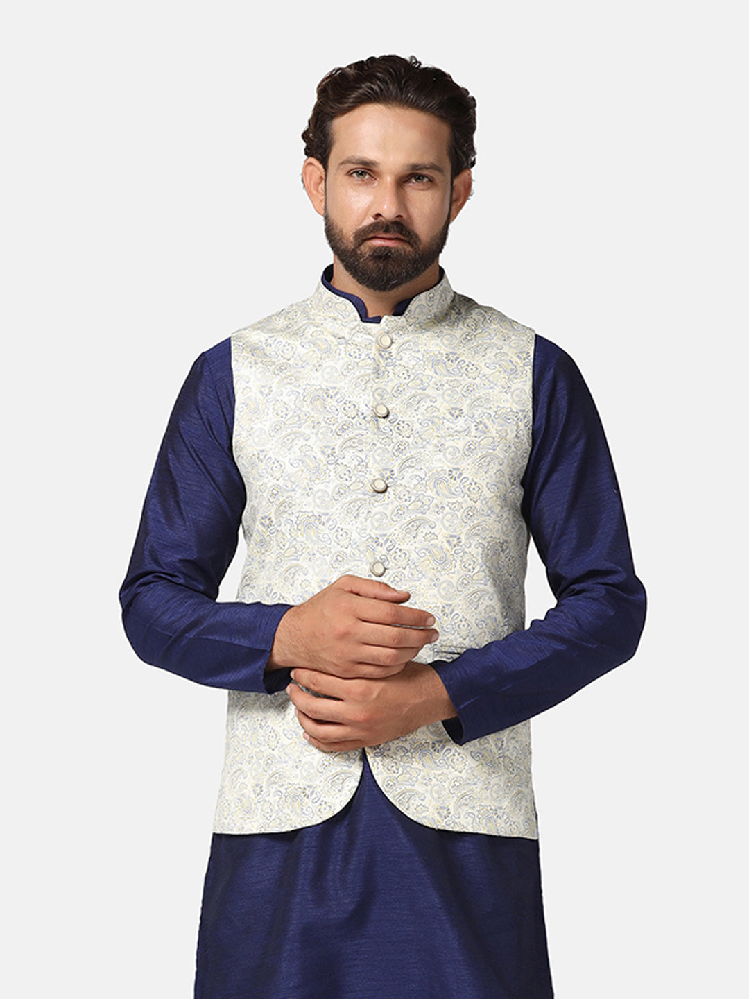 Men White Printed Nehru Jacket - Tahvo India