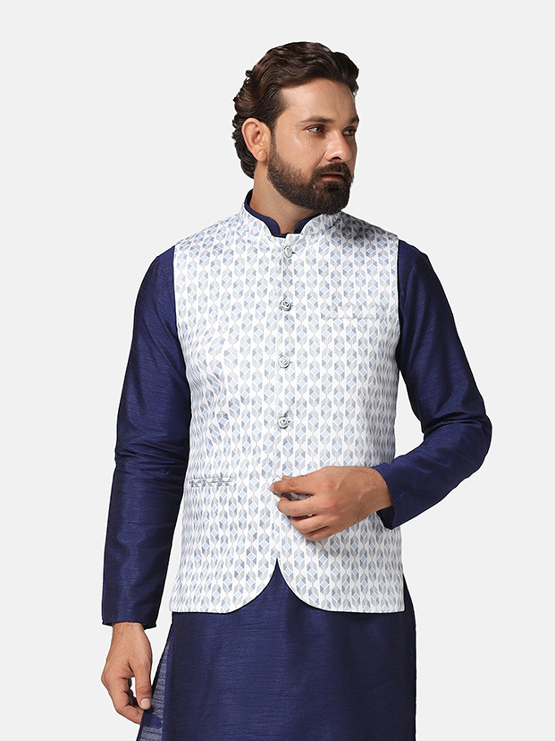 Men White Printed Nehru Jacket - Tahvo India