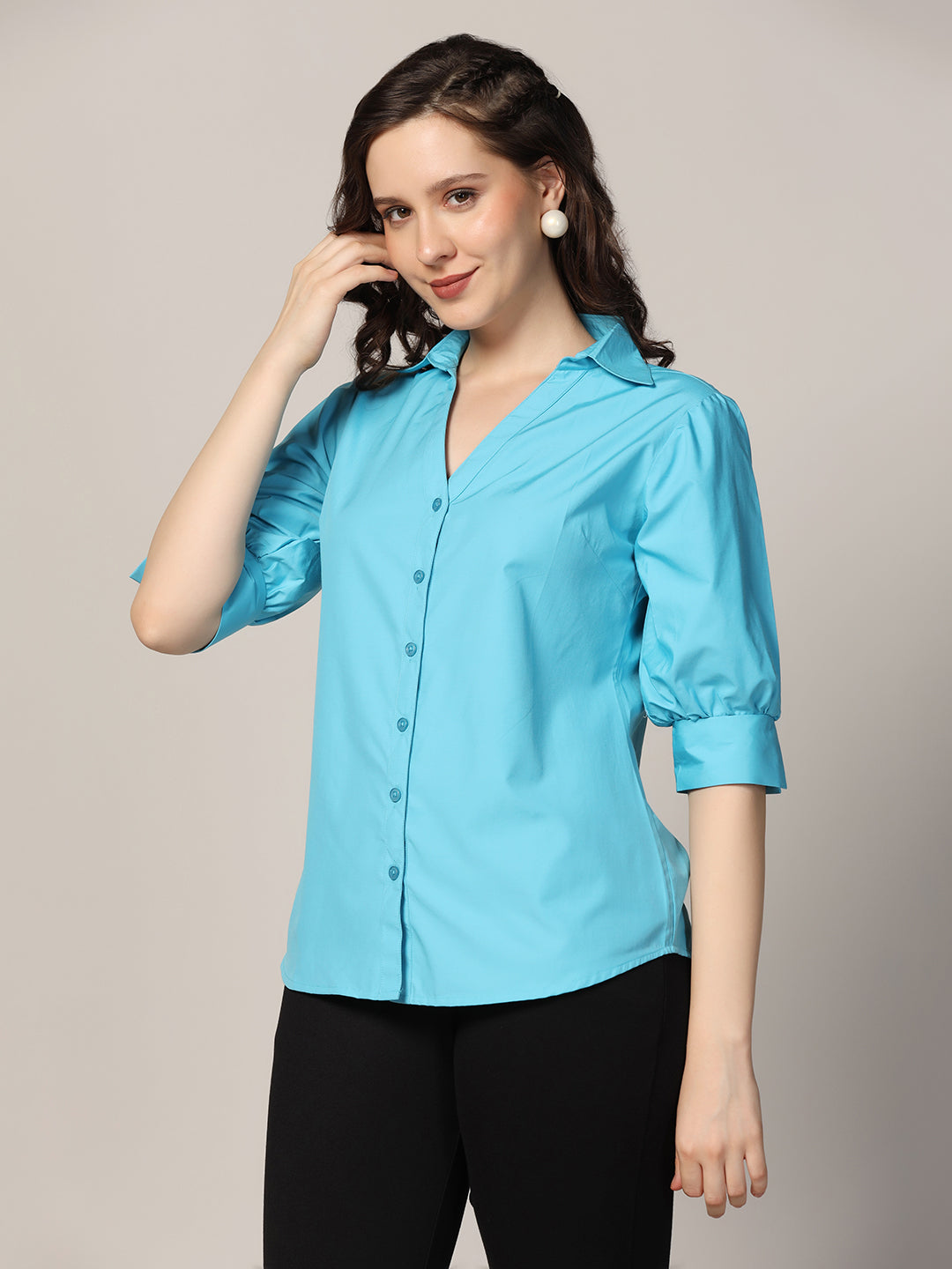 Women Blue three fourth sleeve cotton shirt - Tahvo India