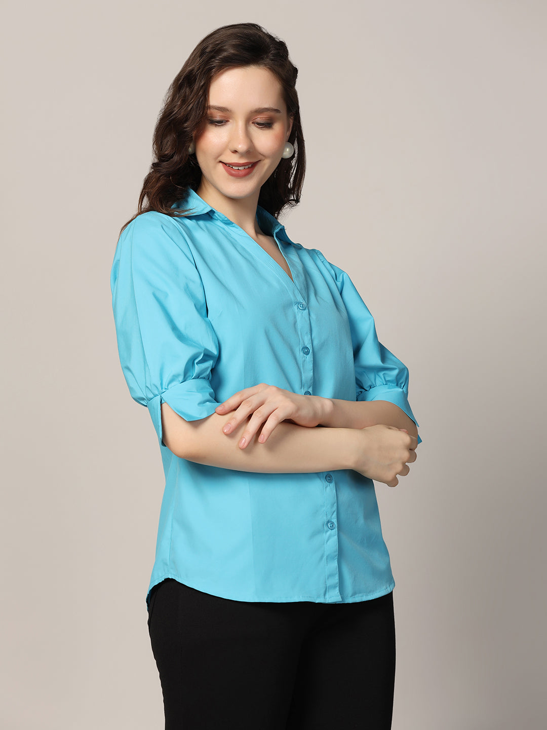 Women Blue three fourth sleeve cotton shirt - Tahvo India