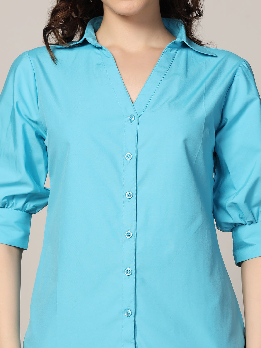 Women Blue three fourth sleeve cotton shirt - Tahvo India
