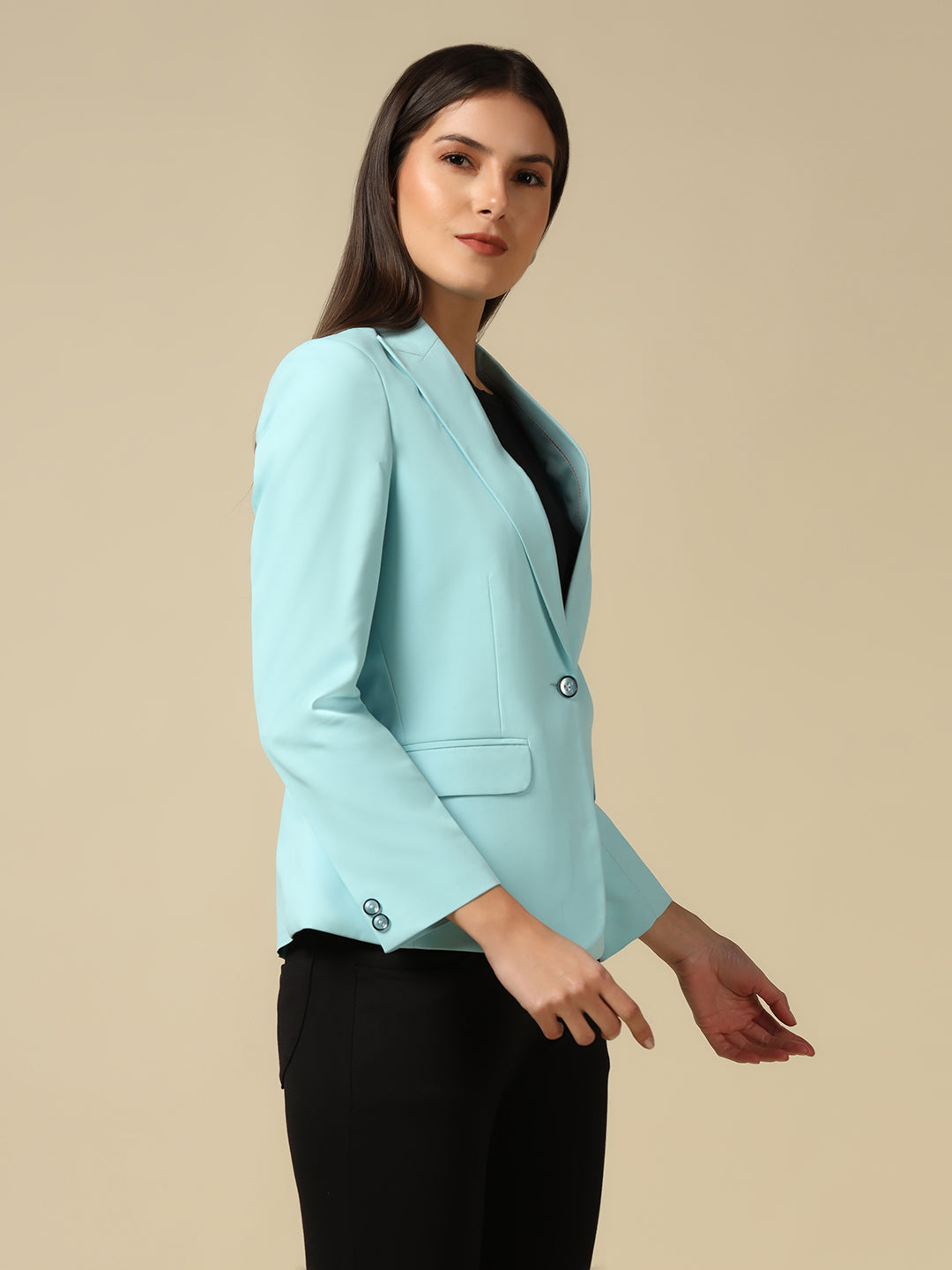 Women Sky Blue Single Breasted Blazer - Tahvo India
