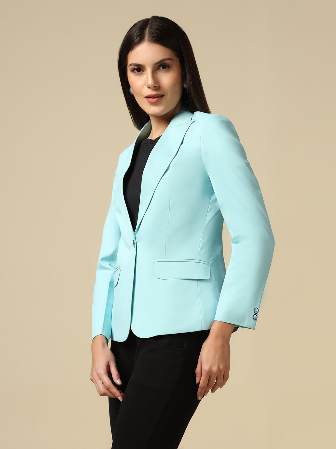 Women Sky Blue Single Breasted Blazer - Tahvo India