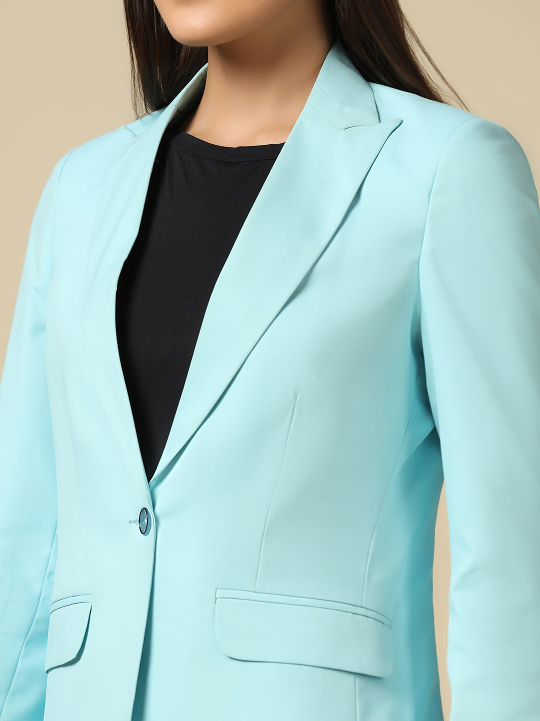 Women Sky Blue Single Breasted Blazer - Tahvo India