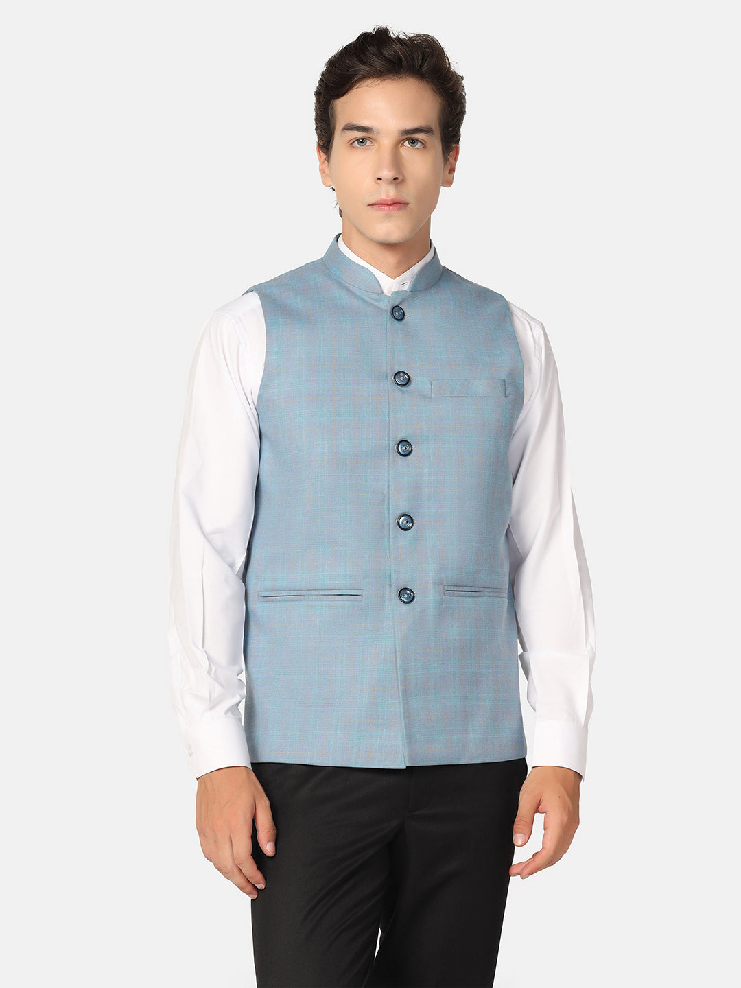 Men Blue Checks Nehru Jacket - Tahvo India