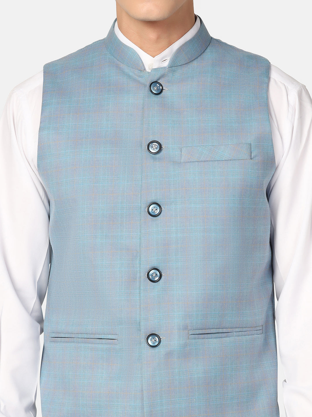 Men Blue Checks Nehru Jacket - Tahvo India