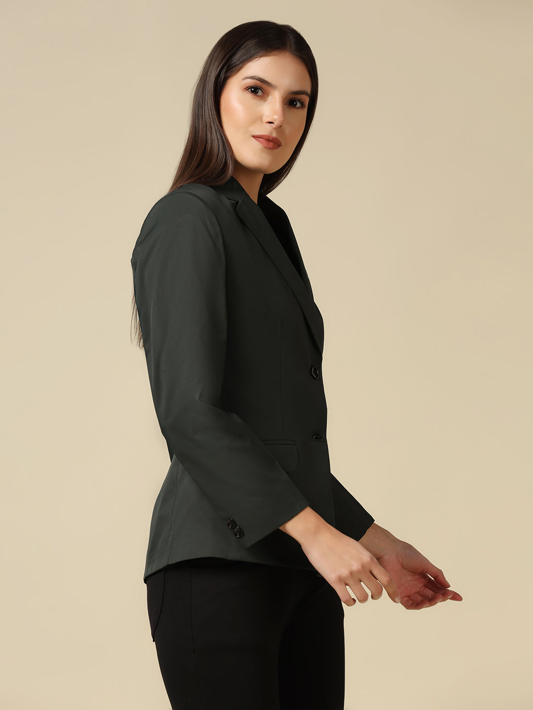 Women Dark Green Single Breasted Blazer