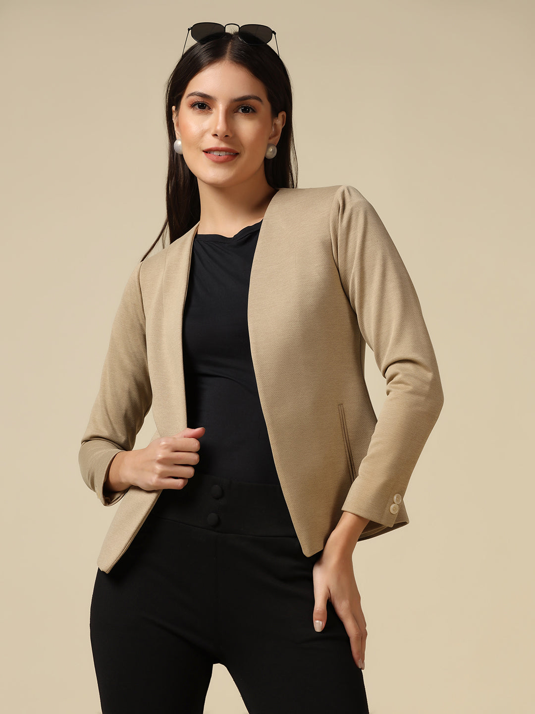 Women Beige Single Breasted Blazer - Tahvo India