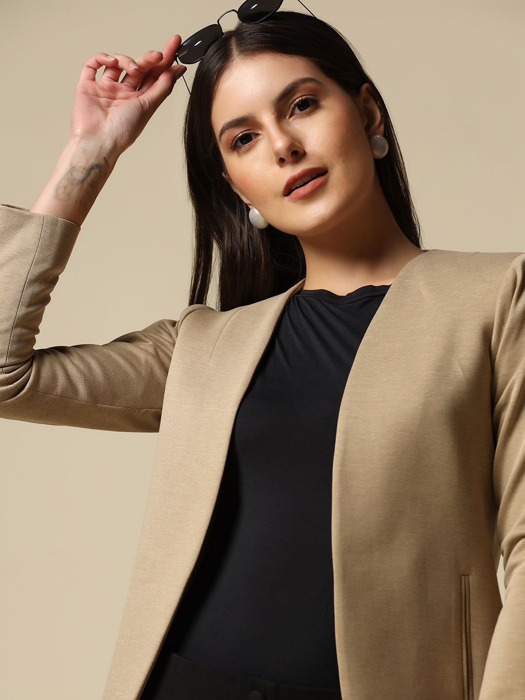 Women Beige Single Breasted Blazer - Tahvo India
