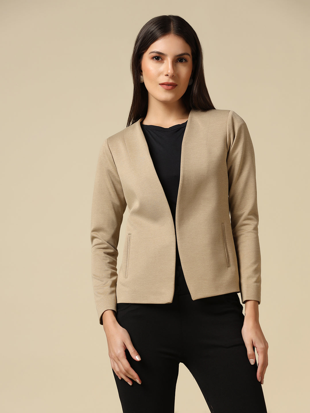 Women Beige Single Breasted Blazer - Tahvo India