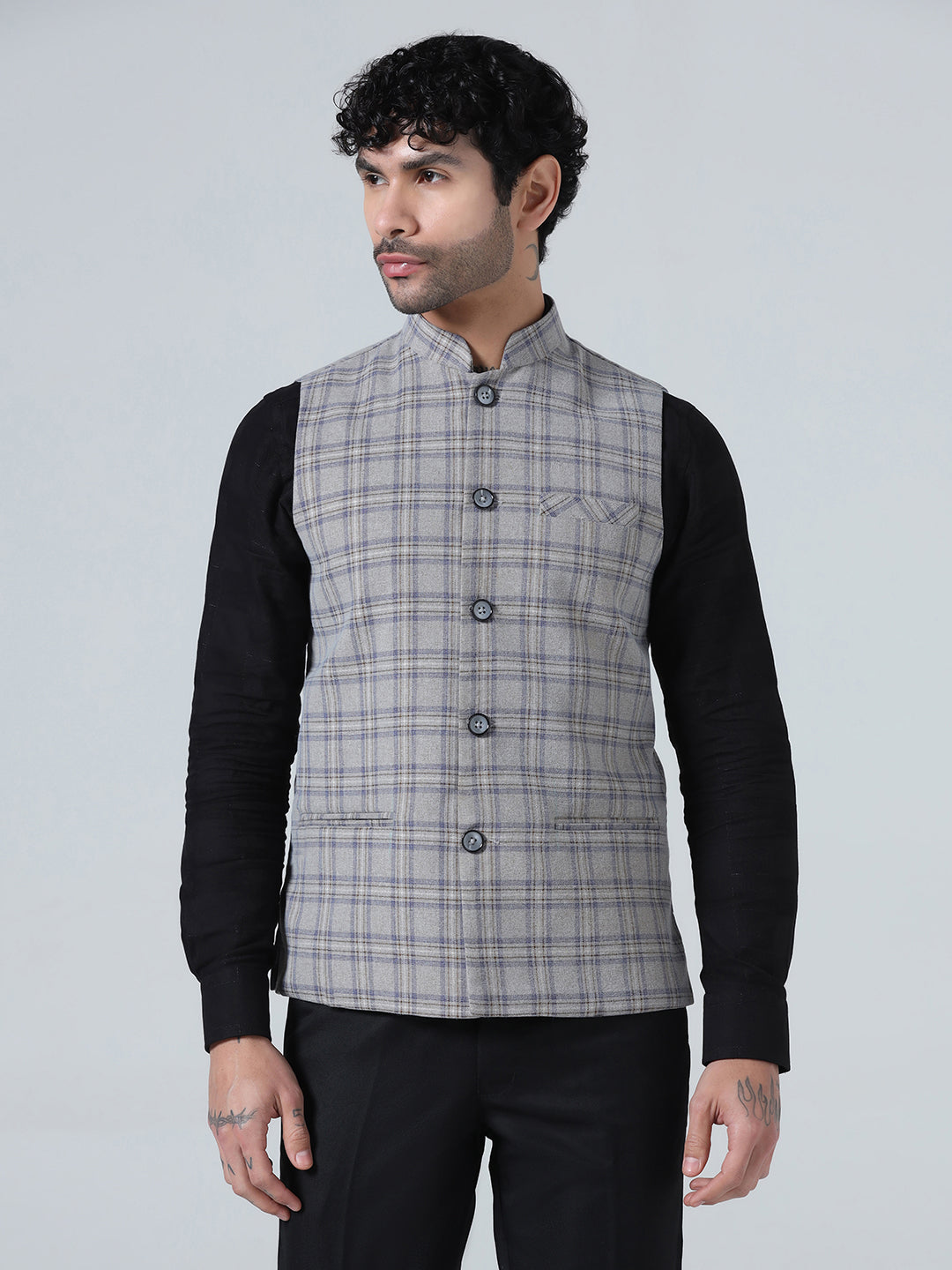 Grey Tweed Check Mens Nehru Jacket