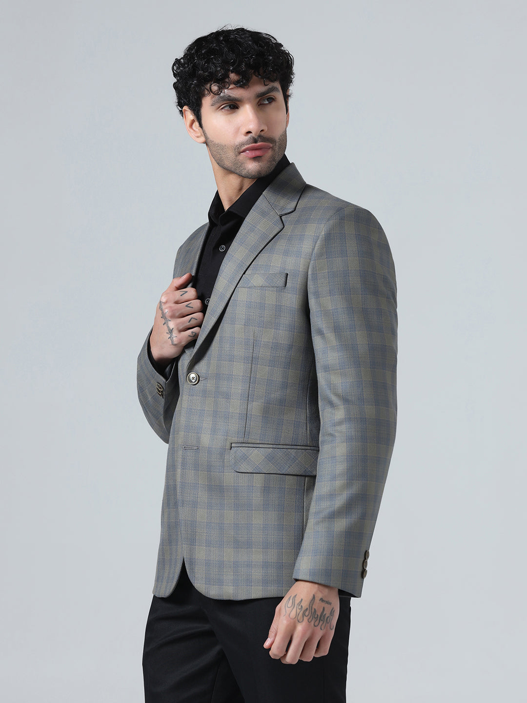Men Grey Blue Check Blazer