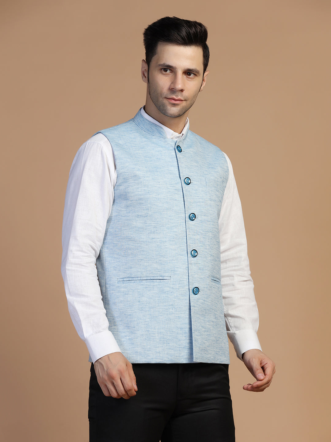 Men Blue Linen Modi Jacket - Tahvo India