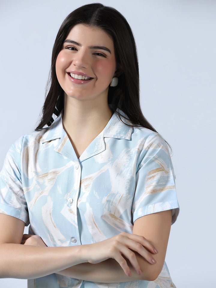 Women Blue Abstract Printed Shirt - Tahvo India