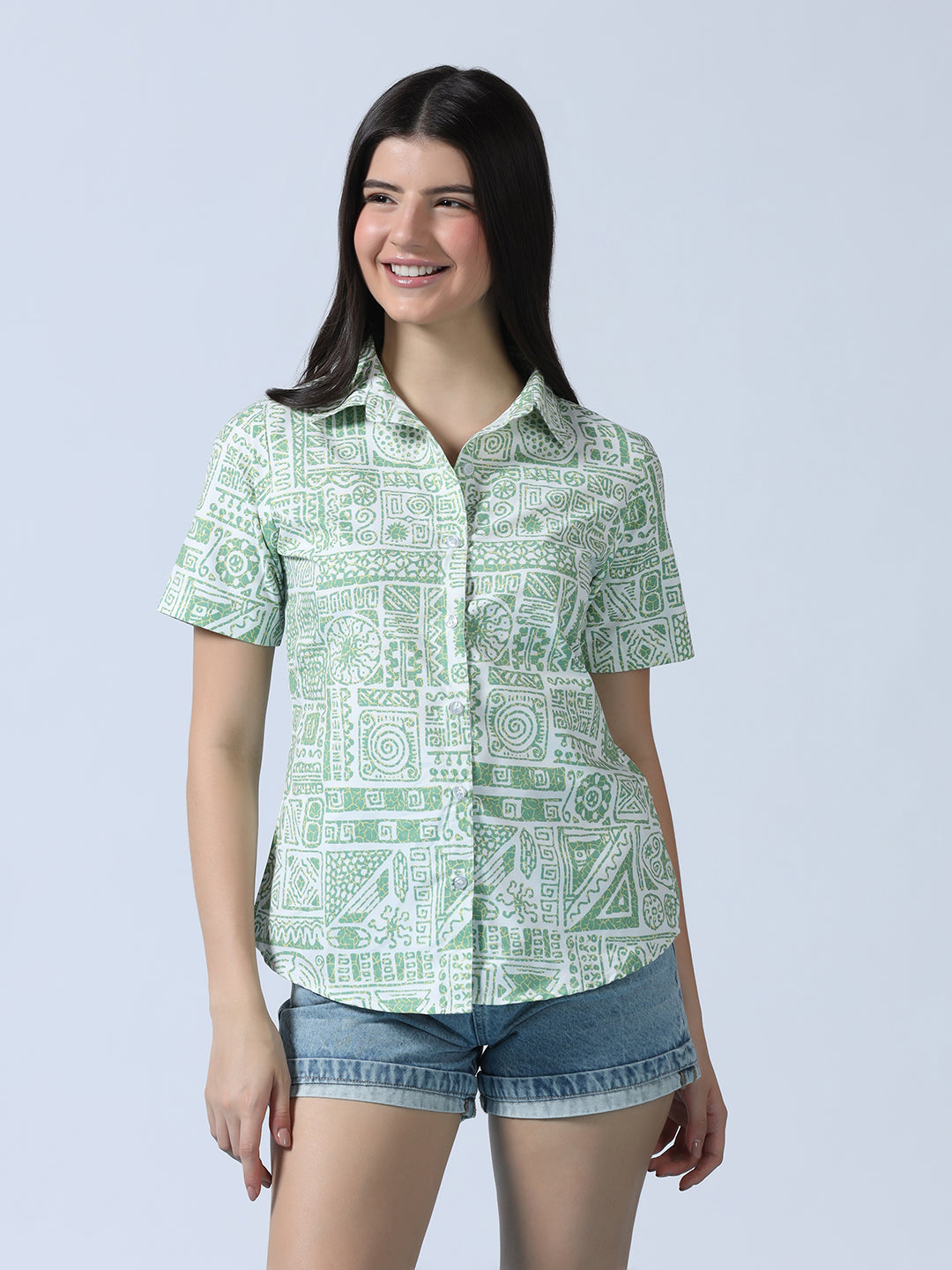 Women Light Green Printed Shirt - Tahvo India
