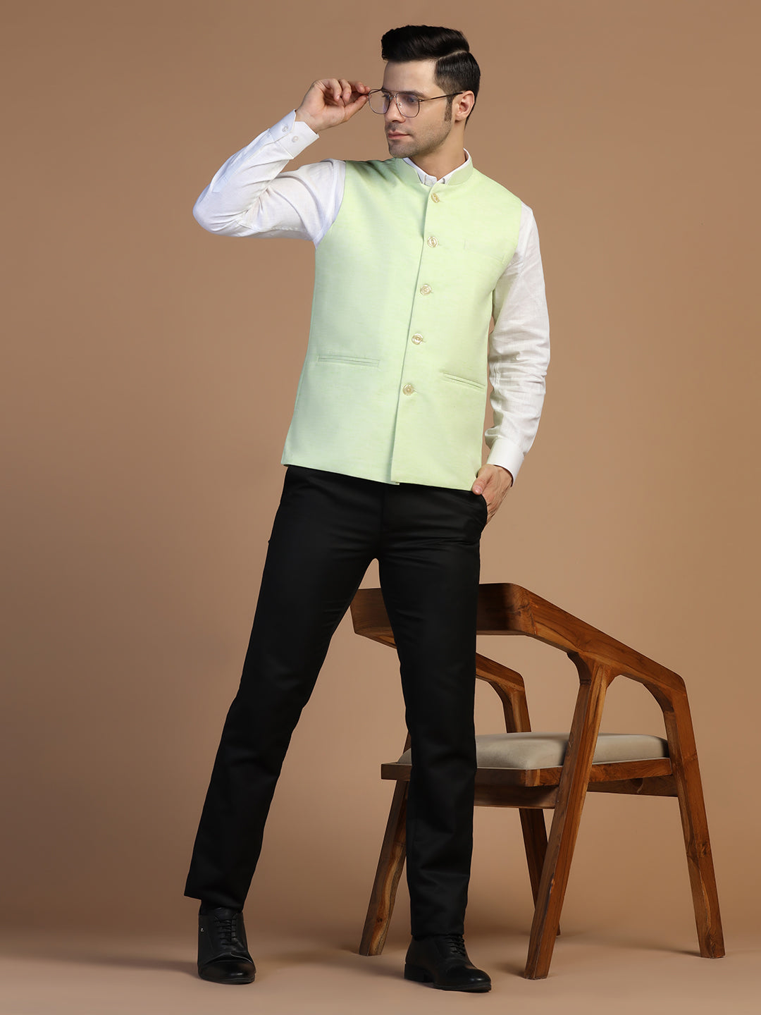 Men Green Linen Nehru Jacket - Tahvo India