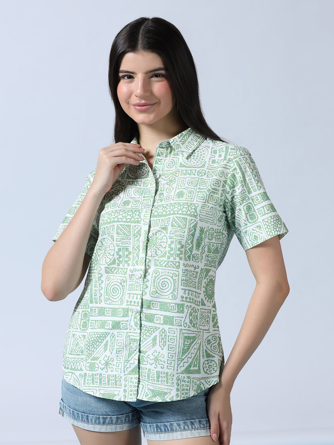 Women Light Green Printed Shirt - Tahvo India
