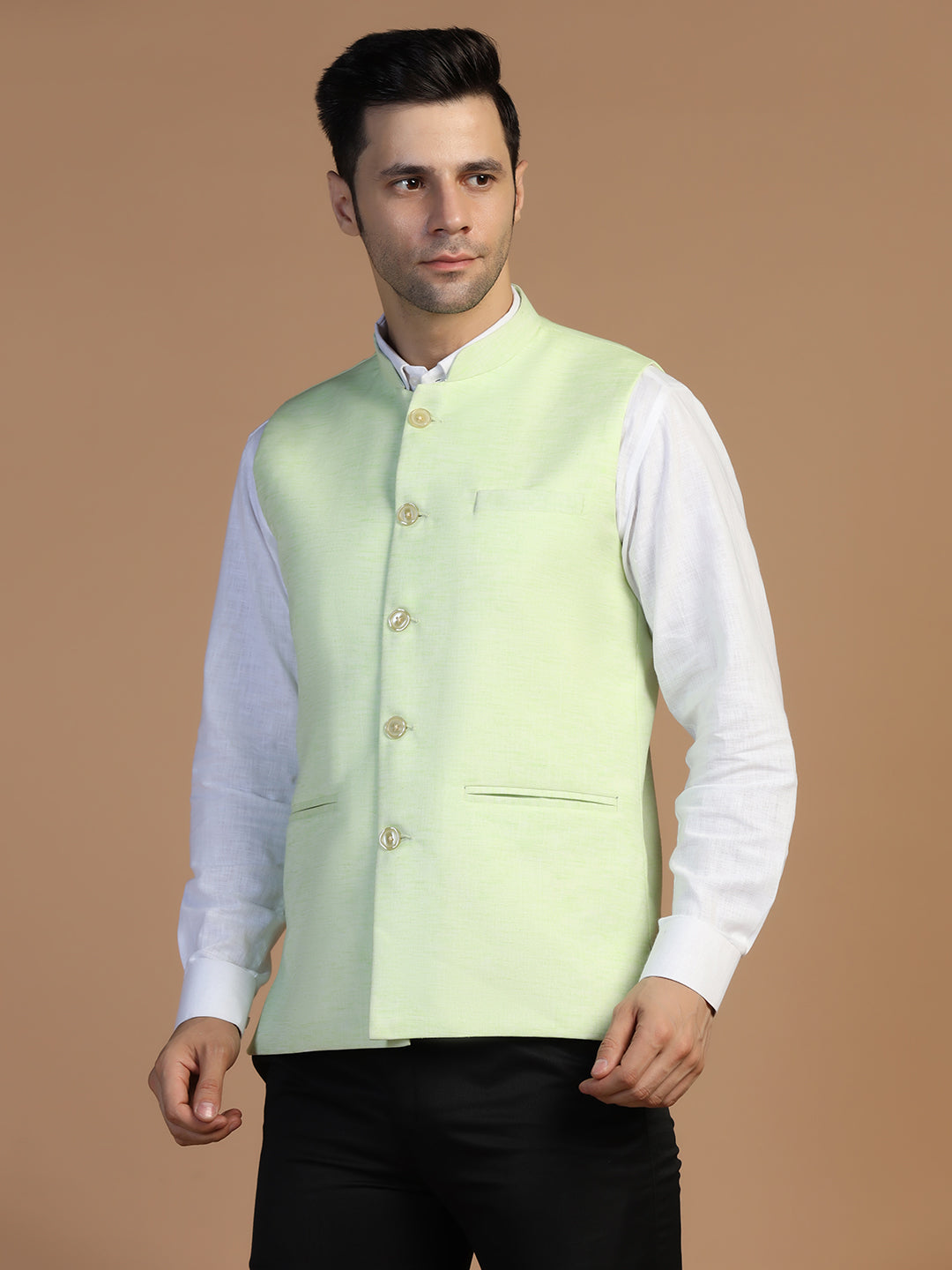 Men Green Linen Nehru Jacket