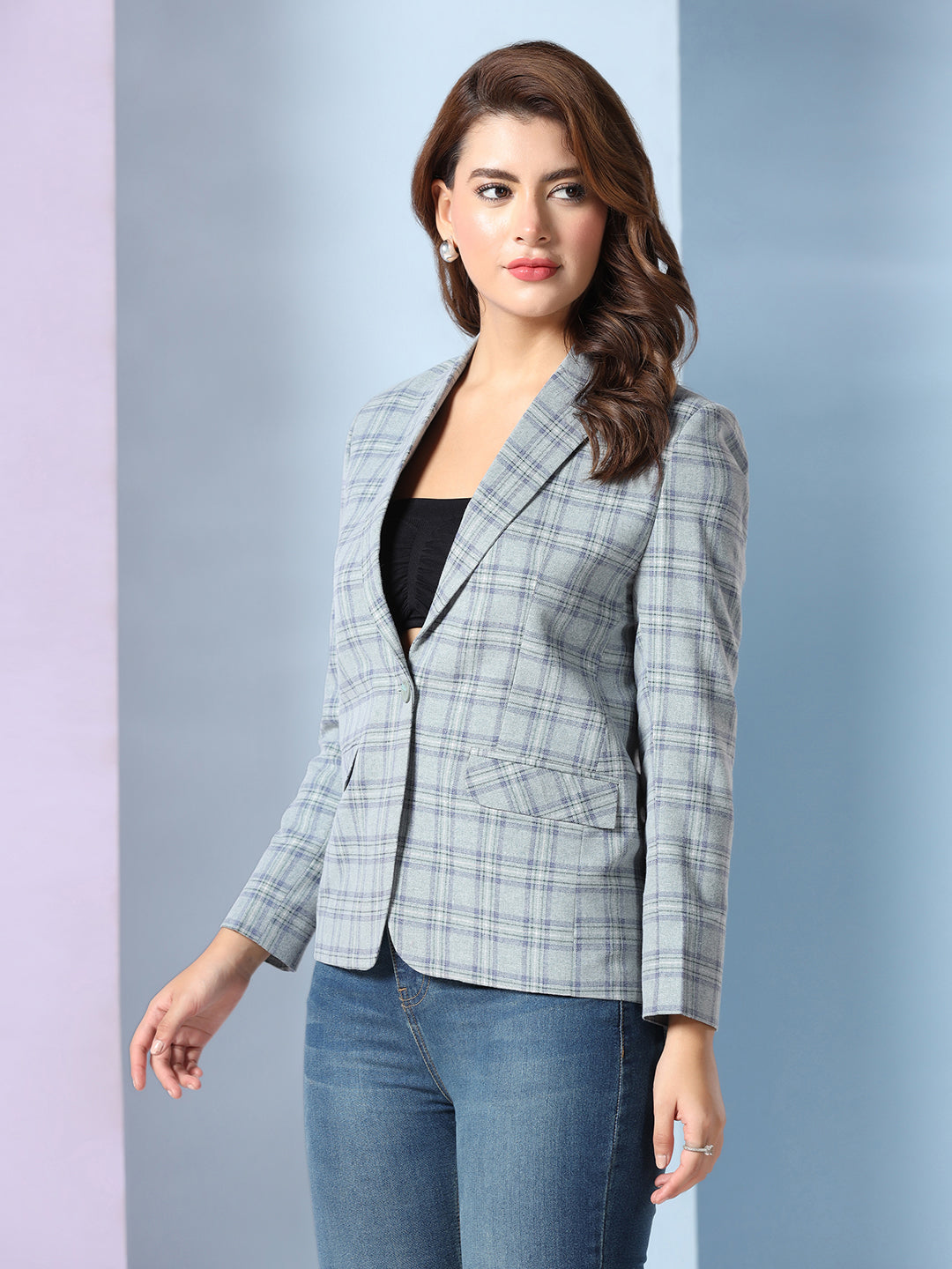 Women Check Notched lapel Blazer