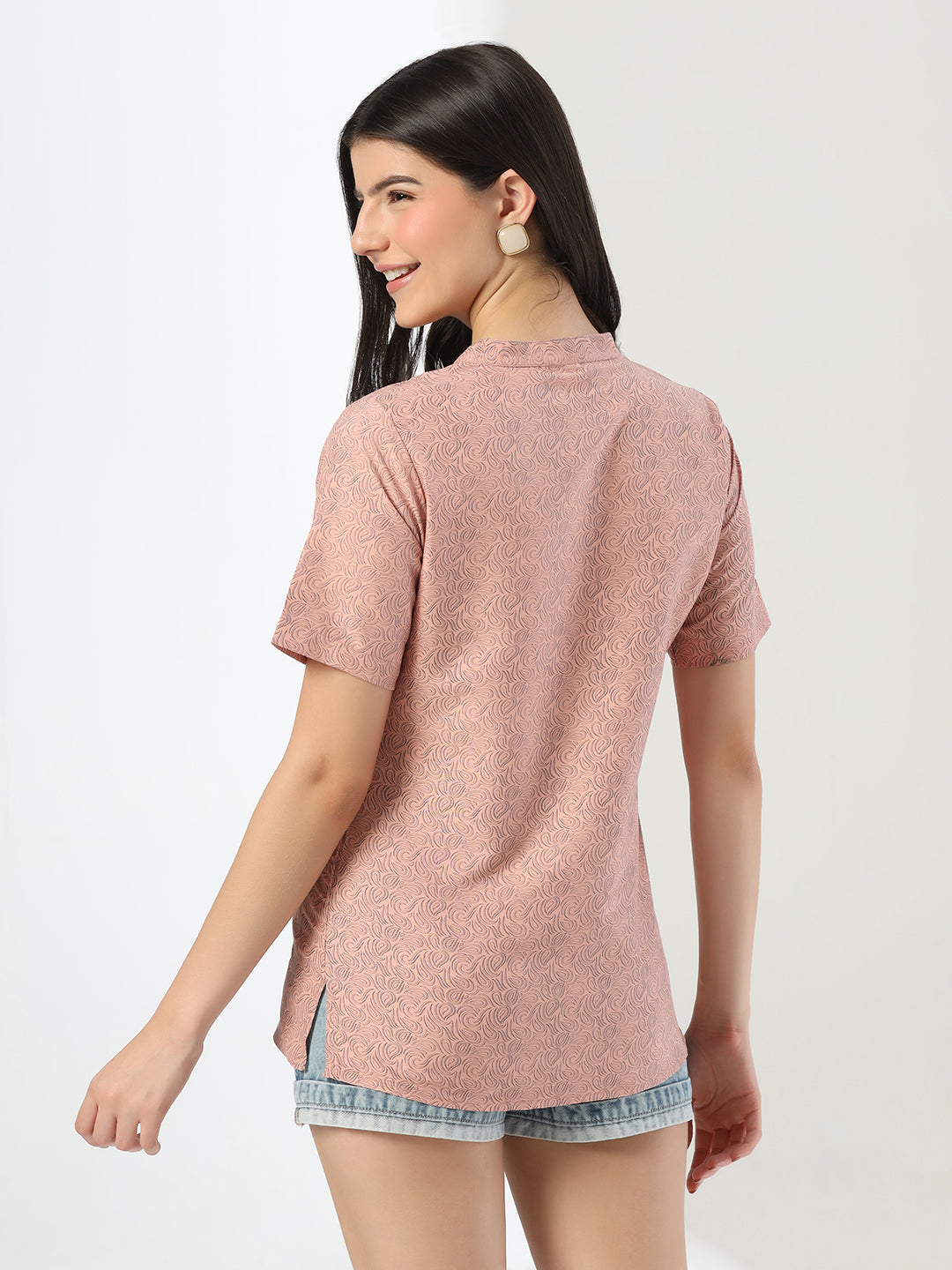 Women Peach Printed Cotton Shirt - Tahvo India