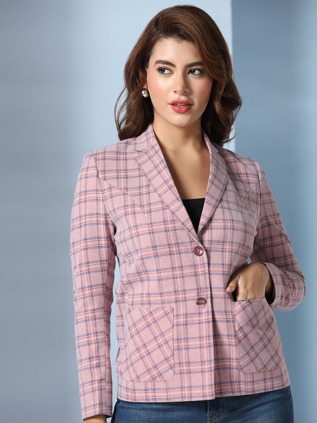 Women Pink Check Notched lapel Blazer