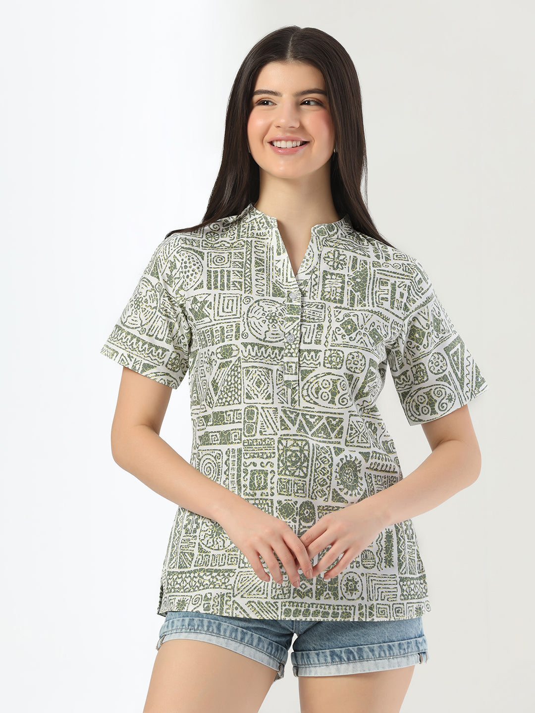 Women Green Printed Short Kurta Top - Tahvo India