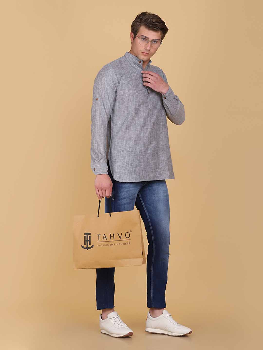Men Slim Fit Grey Kurta Shirt