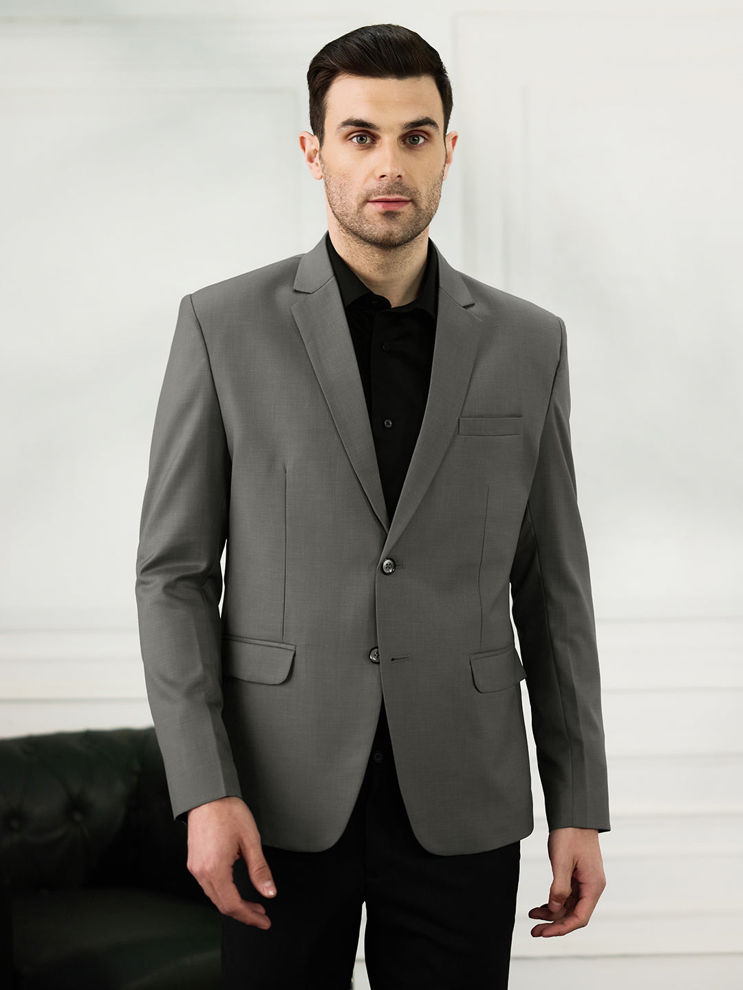 Men Dark Grey Notched Lapel Blazer - Tahvo India