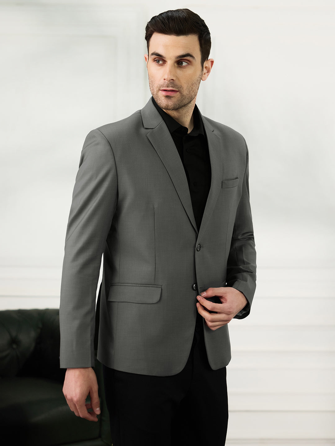 Men Dark Grey Notched Lapel Blazer - Tahvo India