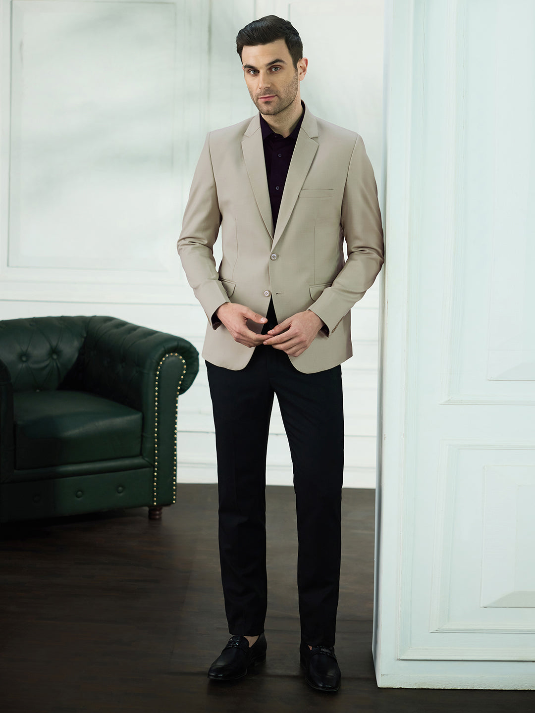 Men Beige Notched Lapel Blazer