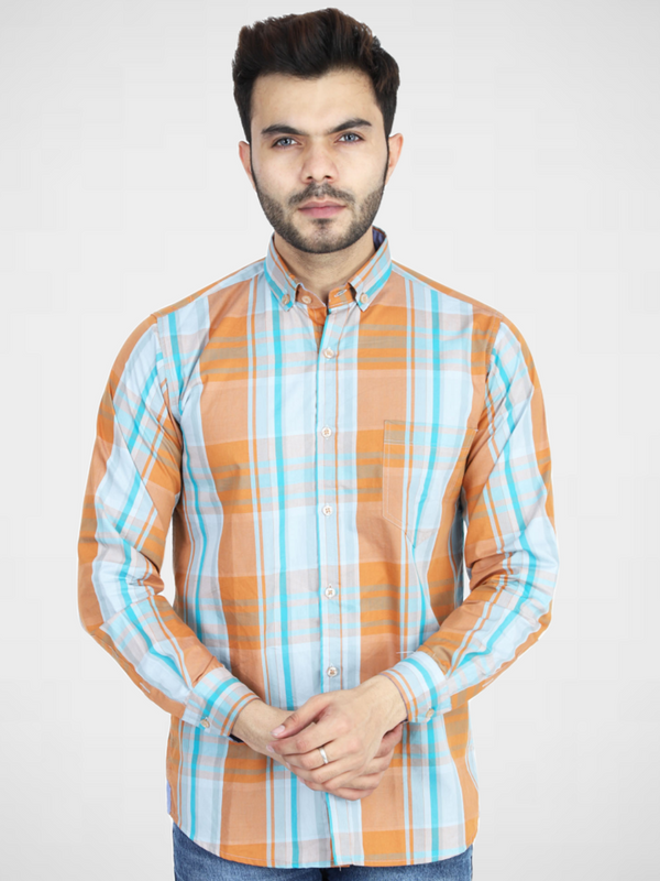 Men Orange Checkered Casual Shirt