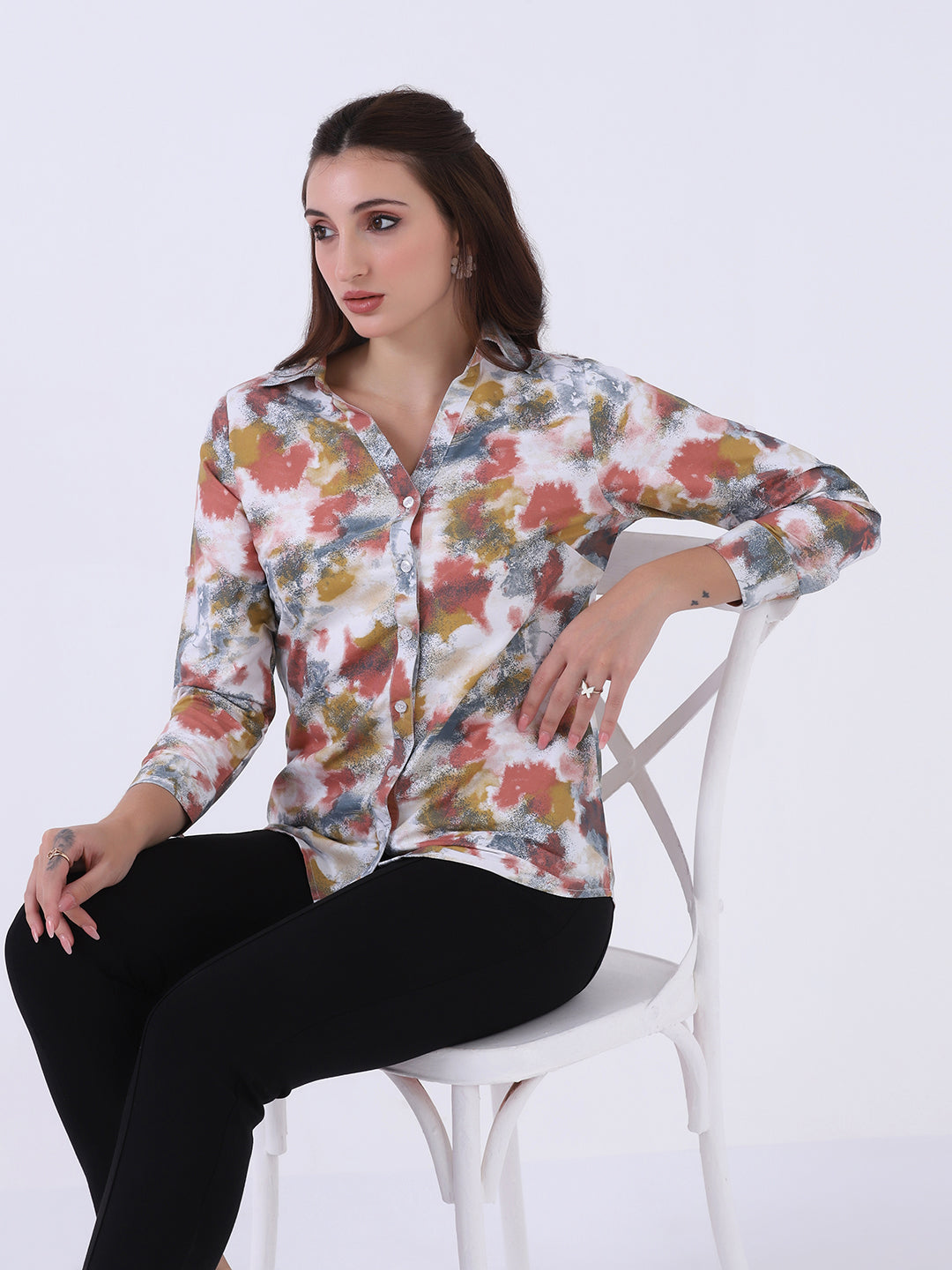 Women Printed V neck collared shirt