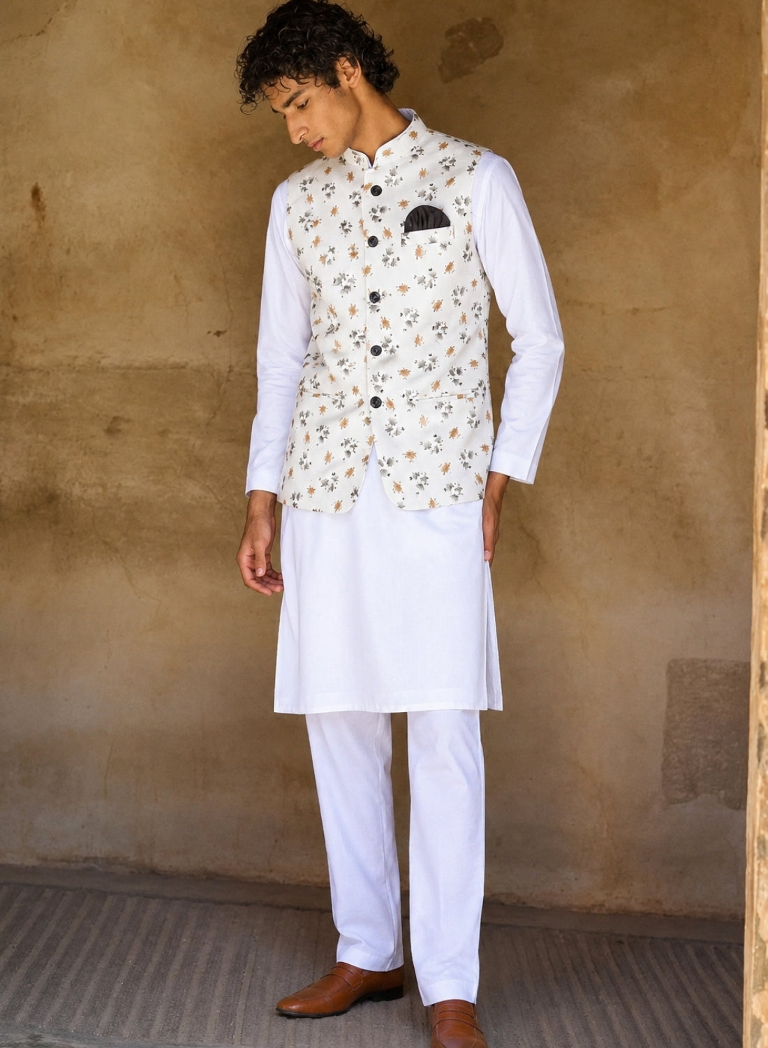 Men White Printed  Nehru Jacket