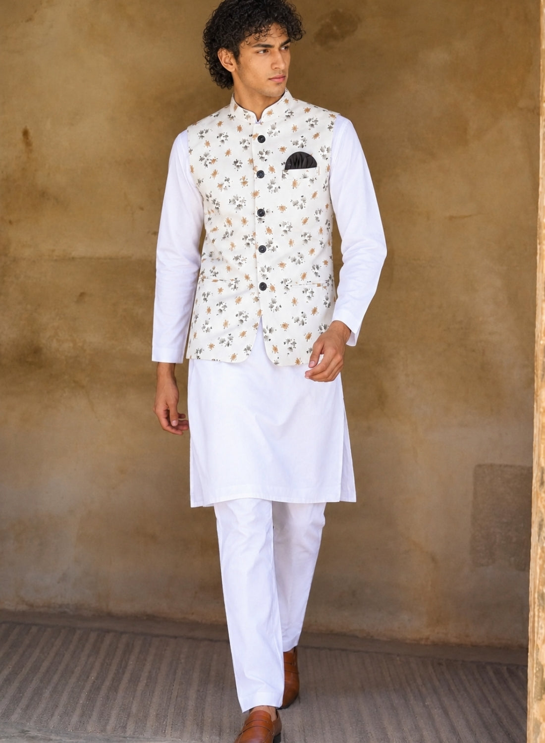 Men White Printed  Nehru Jacket