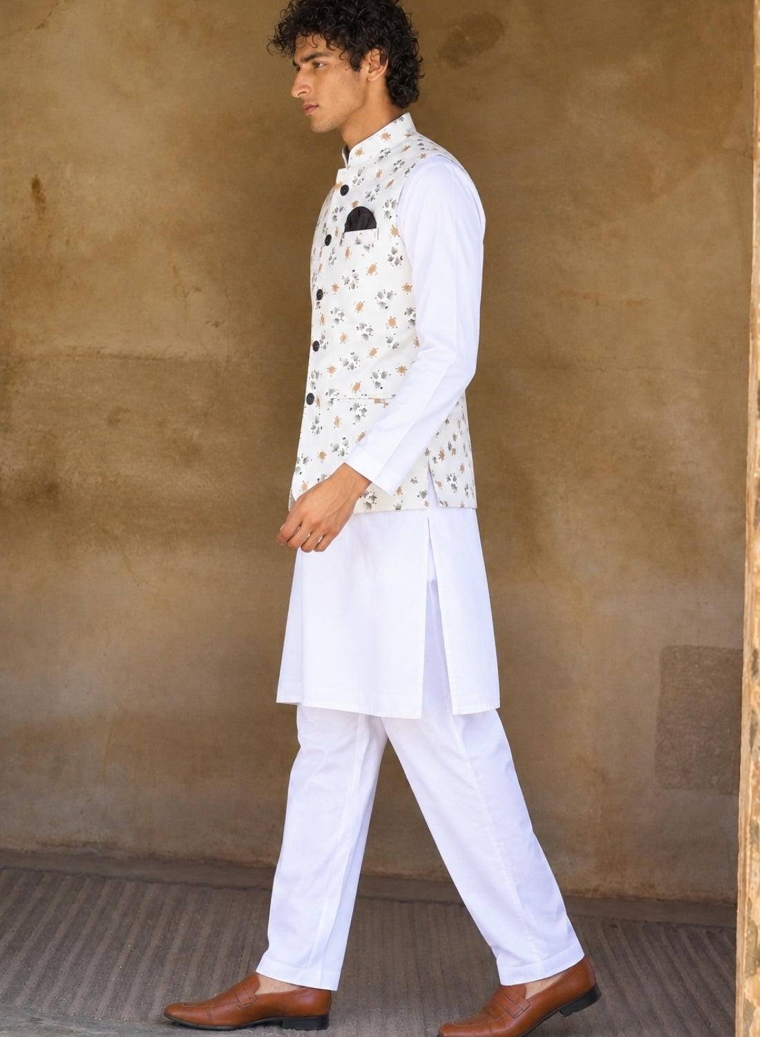 Men White Printed  Nehru Jacket