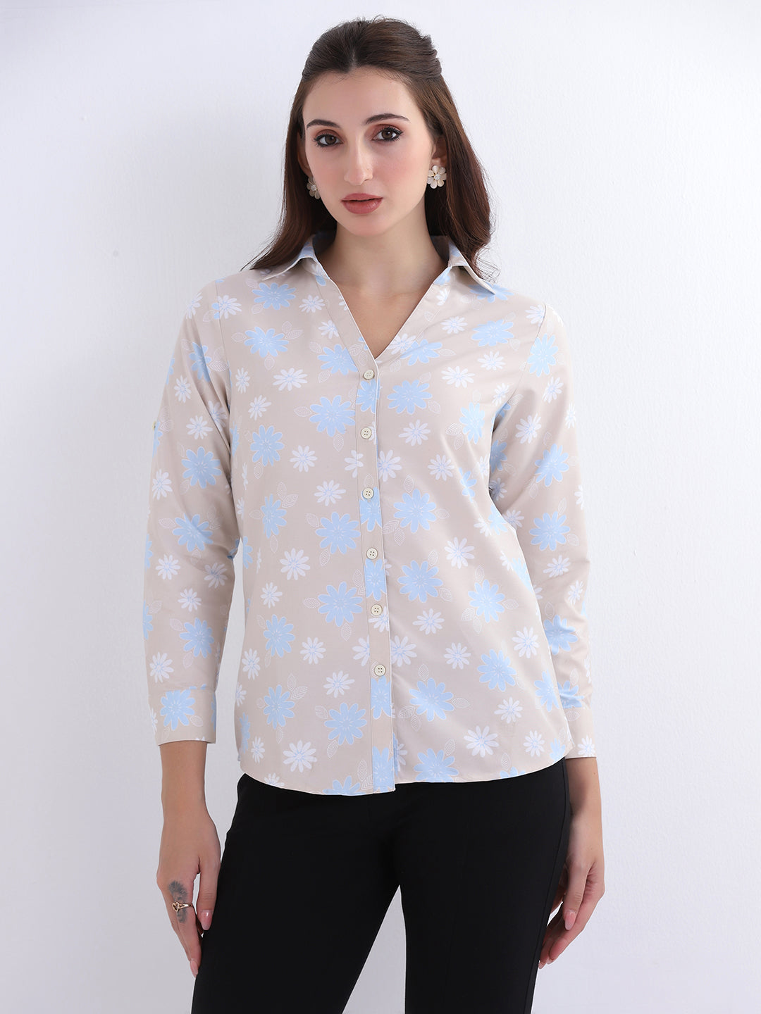 Women Printed V neck collared shirt