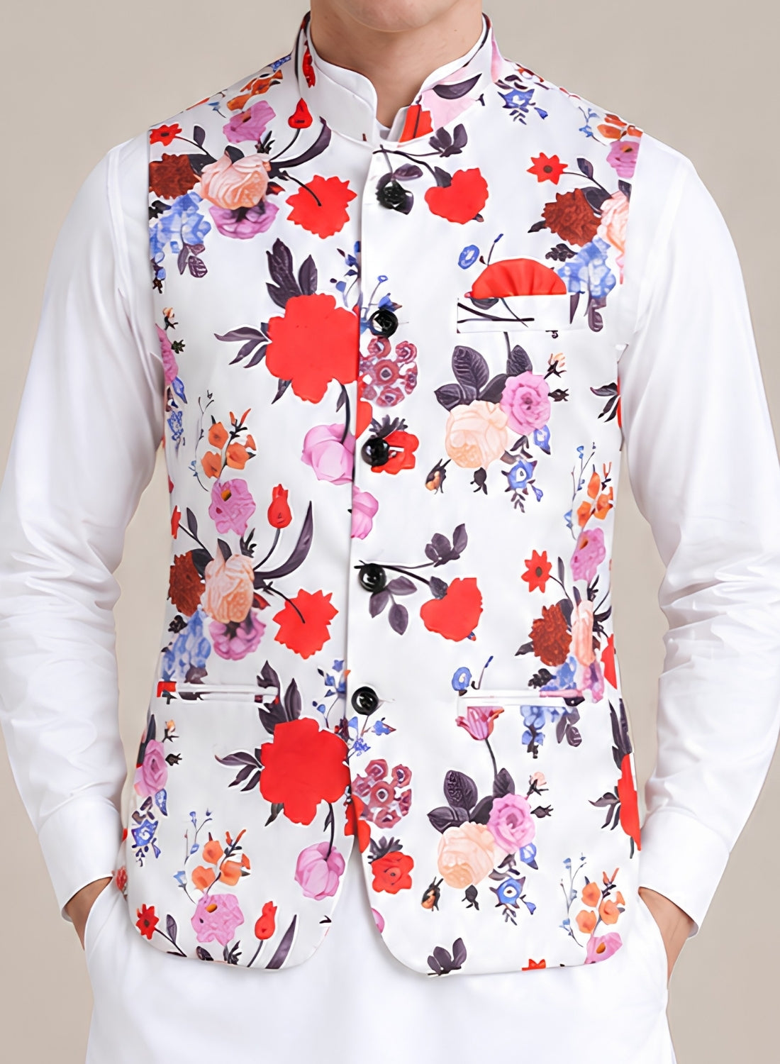 Men White Floral  Nehru Jacket